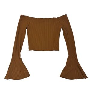 Brown Off-Shoulder Crop Top Bell Sleeves Boho Fairycore Festival